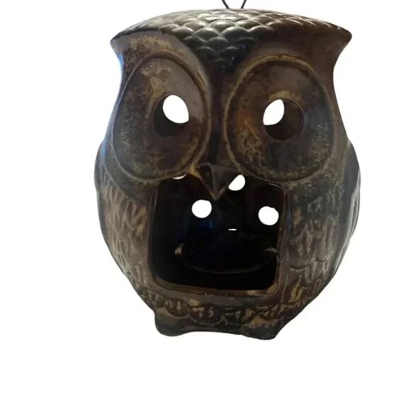 Vintage Double Sided Owl Stoneware Hanging Tealight Candle Holder - Picture 2 of 6